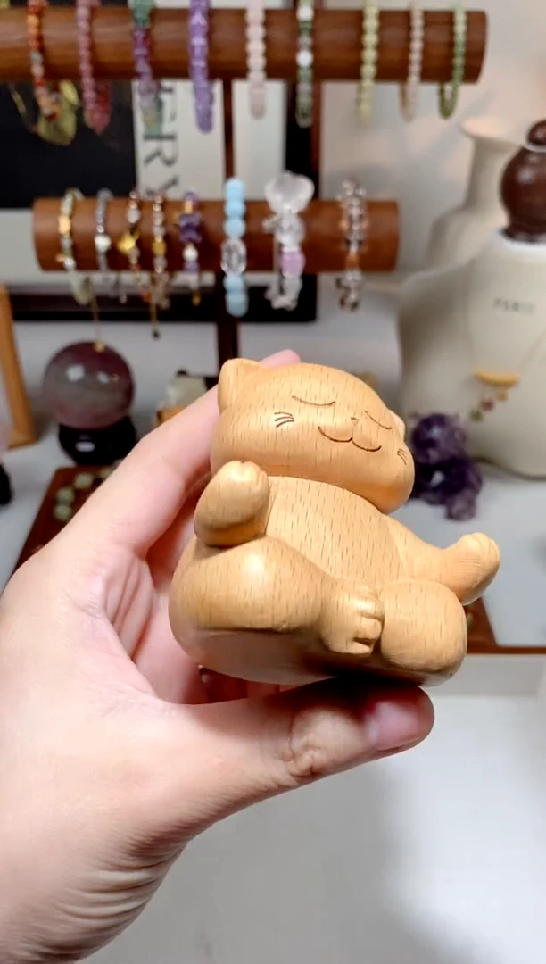 檀香木无事牌檀木打坐猫摆件