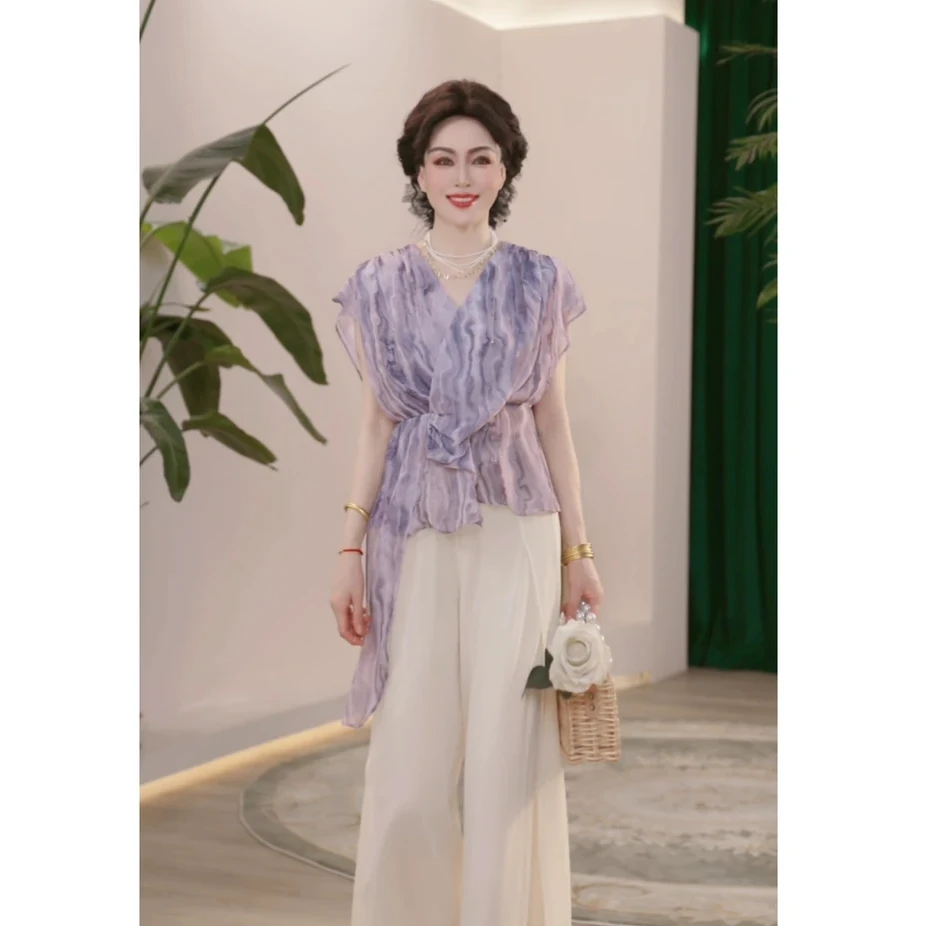 2025新款夏季妈妈装薄款时尚套装气质衬衣女装洋气减龄T恤两件套