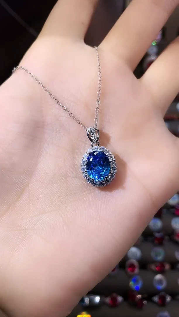 银S925镶嵌吊坠(赠链)海蓝宝石810银色