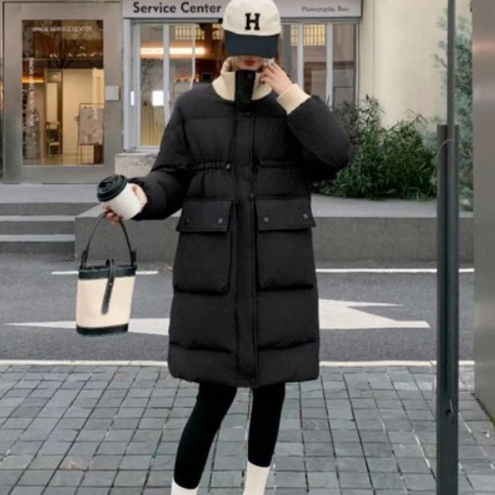 58282 欧货针织撞色立领收腰口袋棉服2023冬新过膝加厚