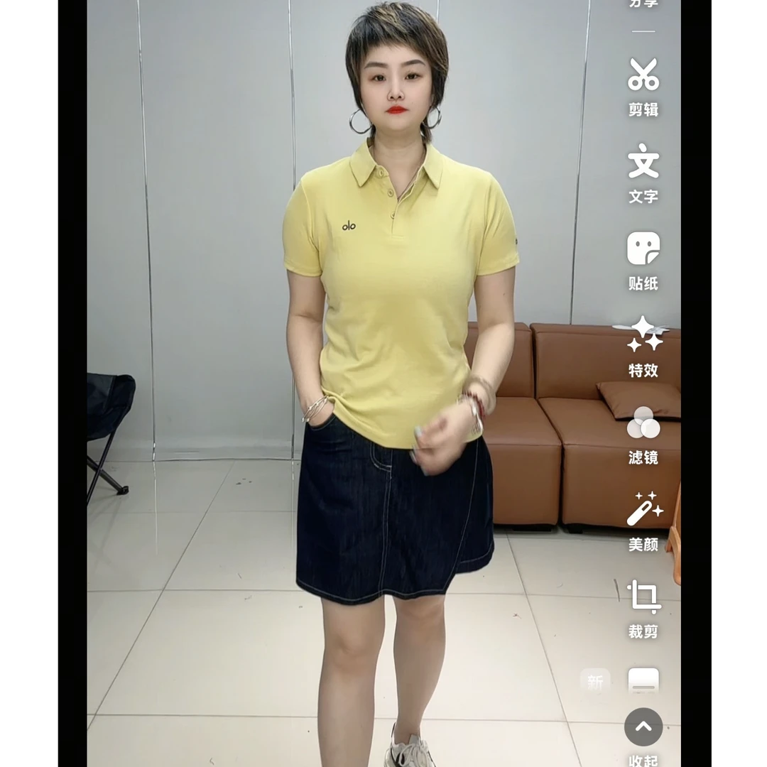 小施家时尚百搭纯色刺绣翻领显瘦T恤5262