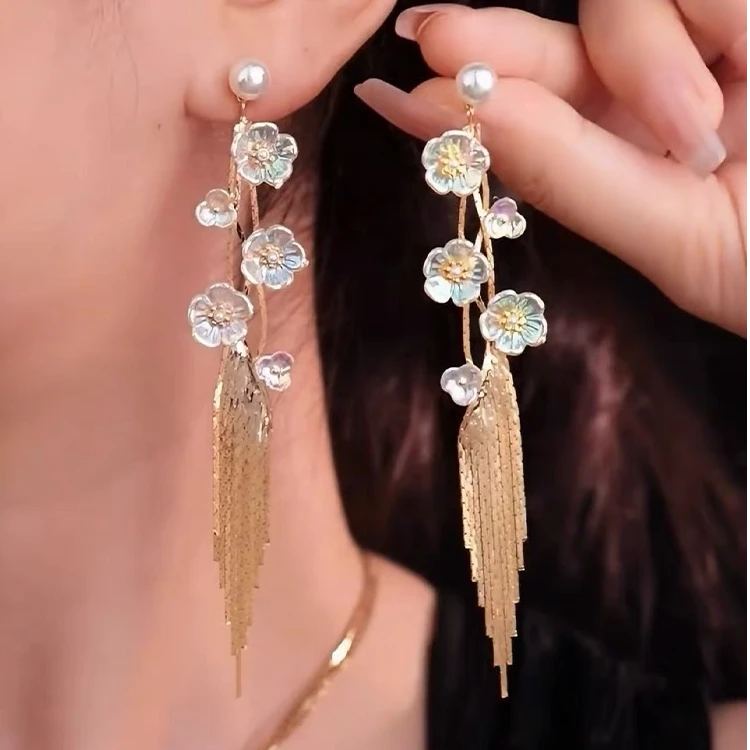 铜合金耳饰 十里桃花超仙花朵流苏耳环气质长款显脸瘦耳饰C498