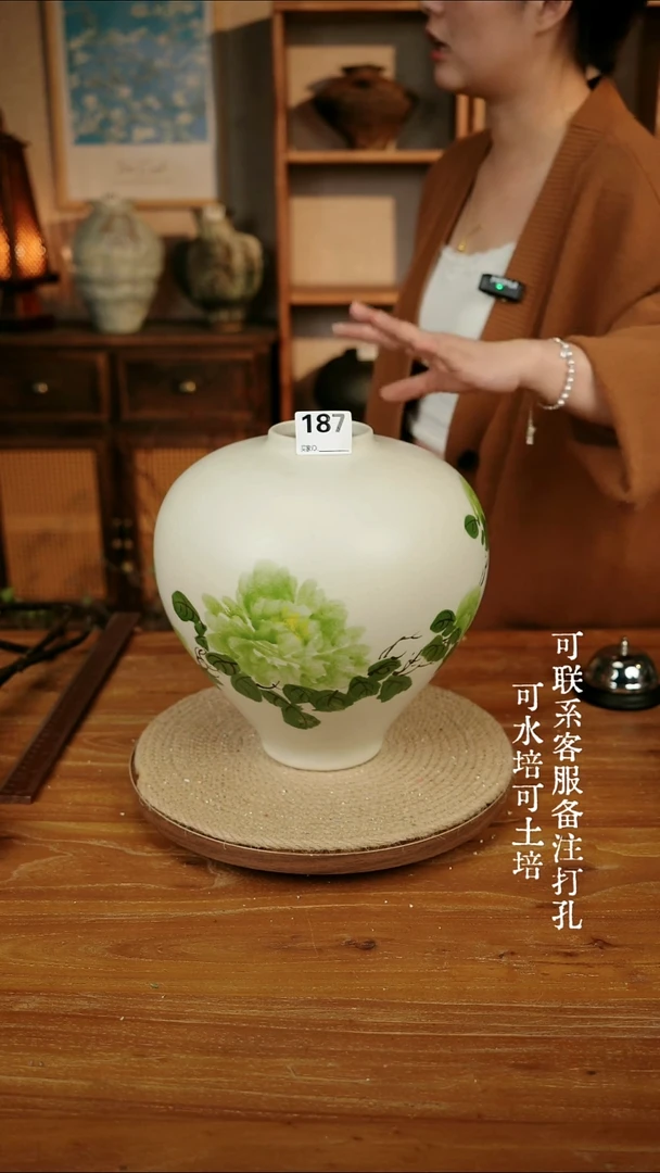 摆件187绿色手绘大肚瓶可水培可土培