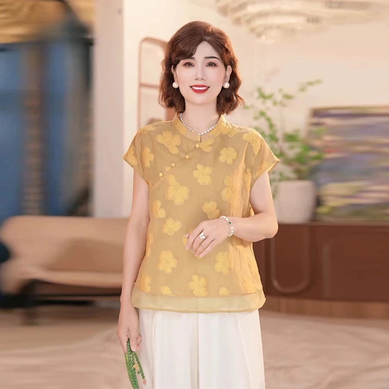 新款时尚中年妈妈夏装中式小衫洋气减龄显瘦中老年女装绣花T恤衫