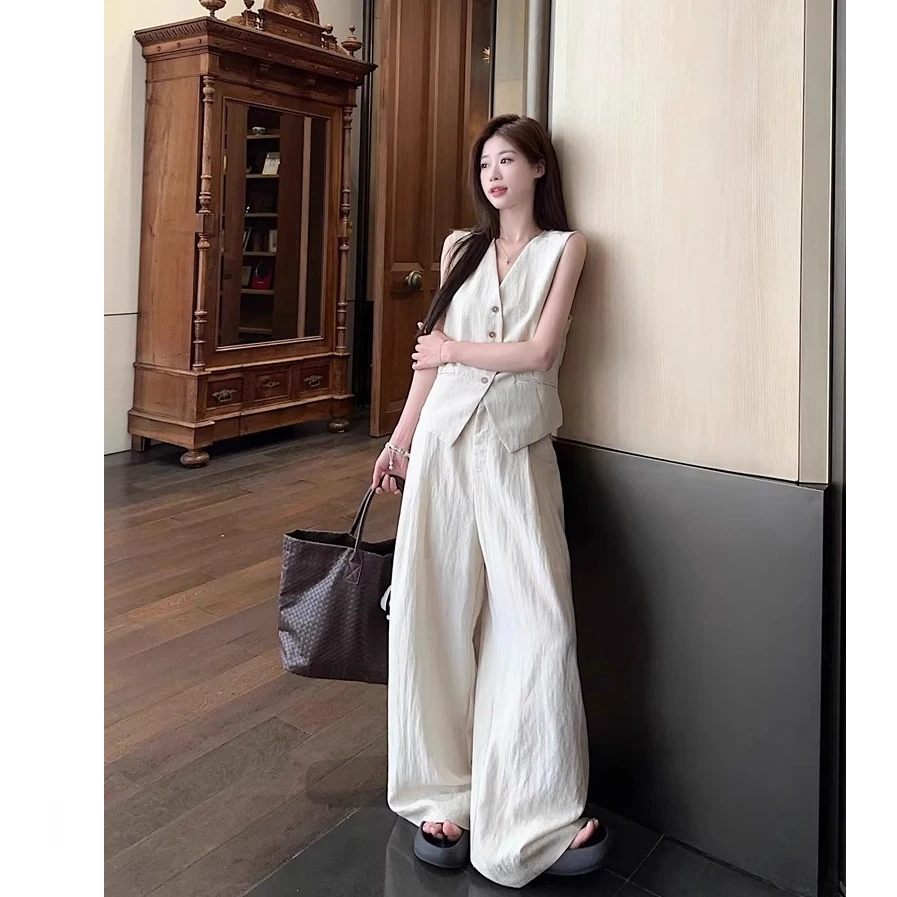 夏季时尚套装单排扣马甲背心上衣女高腰休闲裤阔腿裤高级感两件套