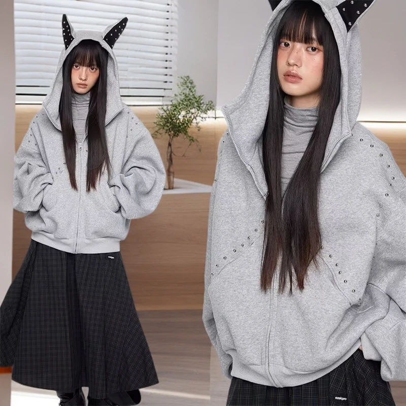 秋季开衫铆钉连帽波点卫衣百搭情侣时尚上衣