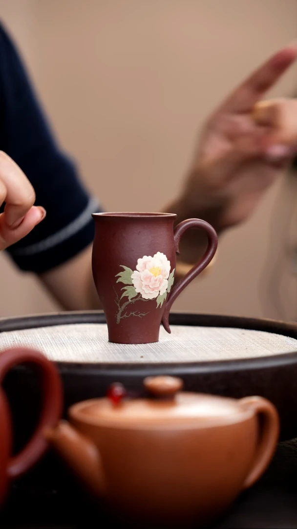 茶壶紫砂紫泥宝瓶手把杯白牡丹