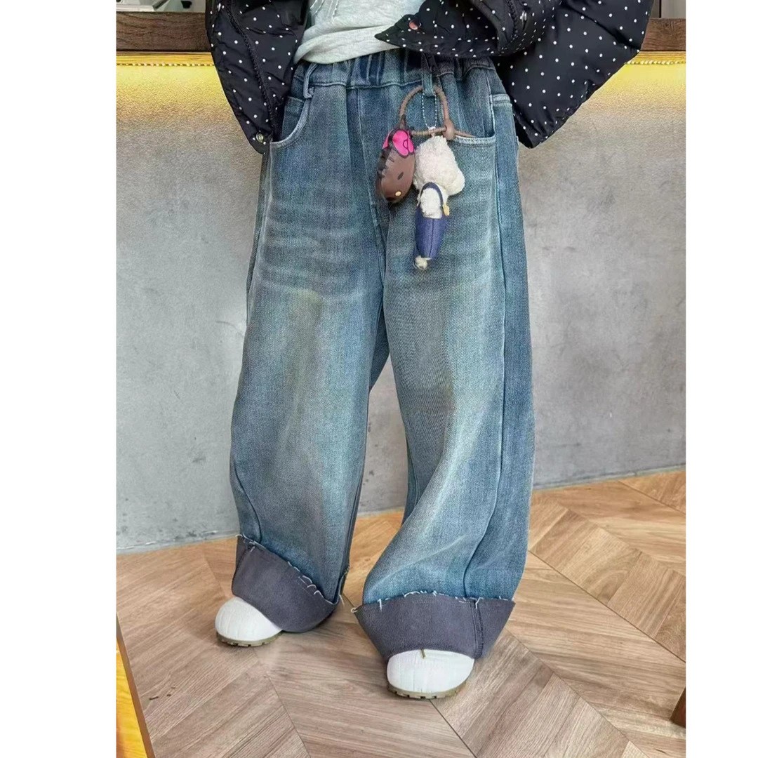 【haobaby】翻边微毛边kt挂件加绒牛仔裤1190