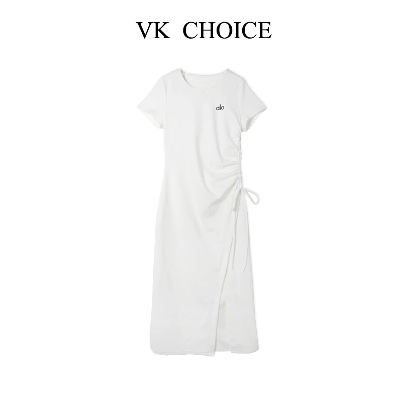 VKCHOICE【白月光】圆领显瘦不规则收腰气质抽绳开叉连衣裙25082