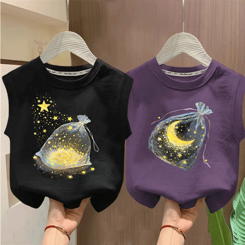 100%纯棉男童女童星星月亮背心T恤夏季新款儿童卡通无袖上衣外穿t
