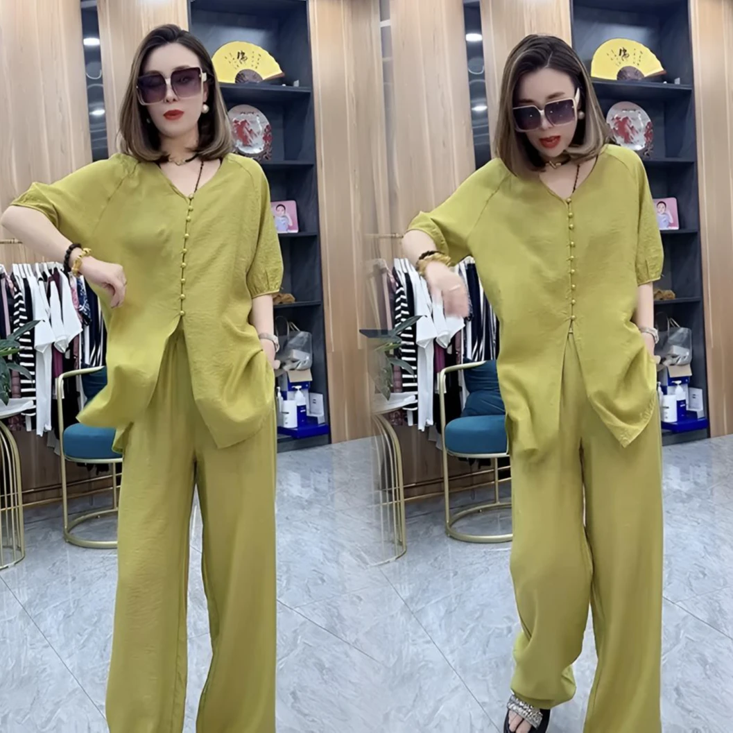 夏季女休闲风时尚套装洋气两件套冰凉短袖+阔腿裤冰丝温婉风大码