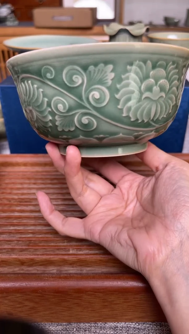 瓷器青瓷6英寸福字蒸碗 微瑕