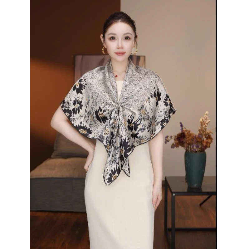 达芬奇密码小香雏菊优雅时尚110cm气质高档真丝100%桑蚕丝丝巾