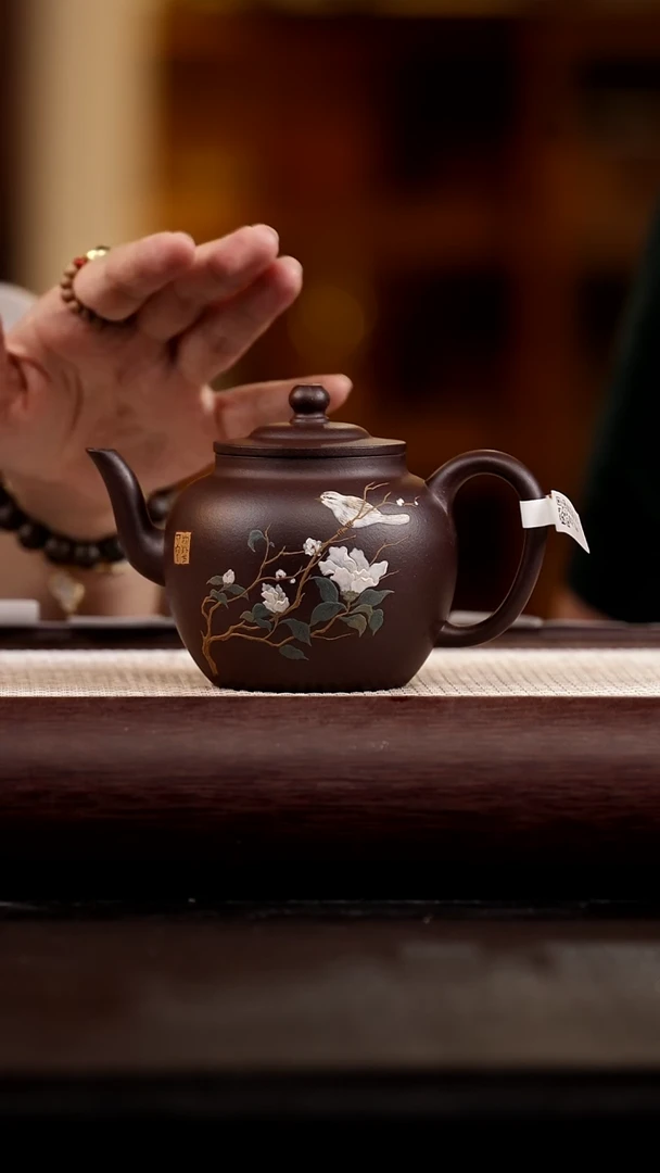 茶杯紫砂季畅园  紫泥泥绘  如意笠帽