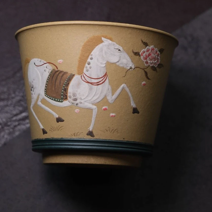 静心｜马蹄杯本绿 泥绘马 主人杯手绘高端精品大容量