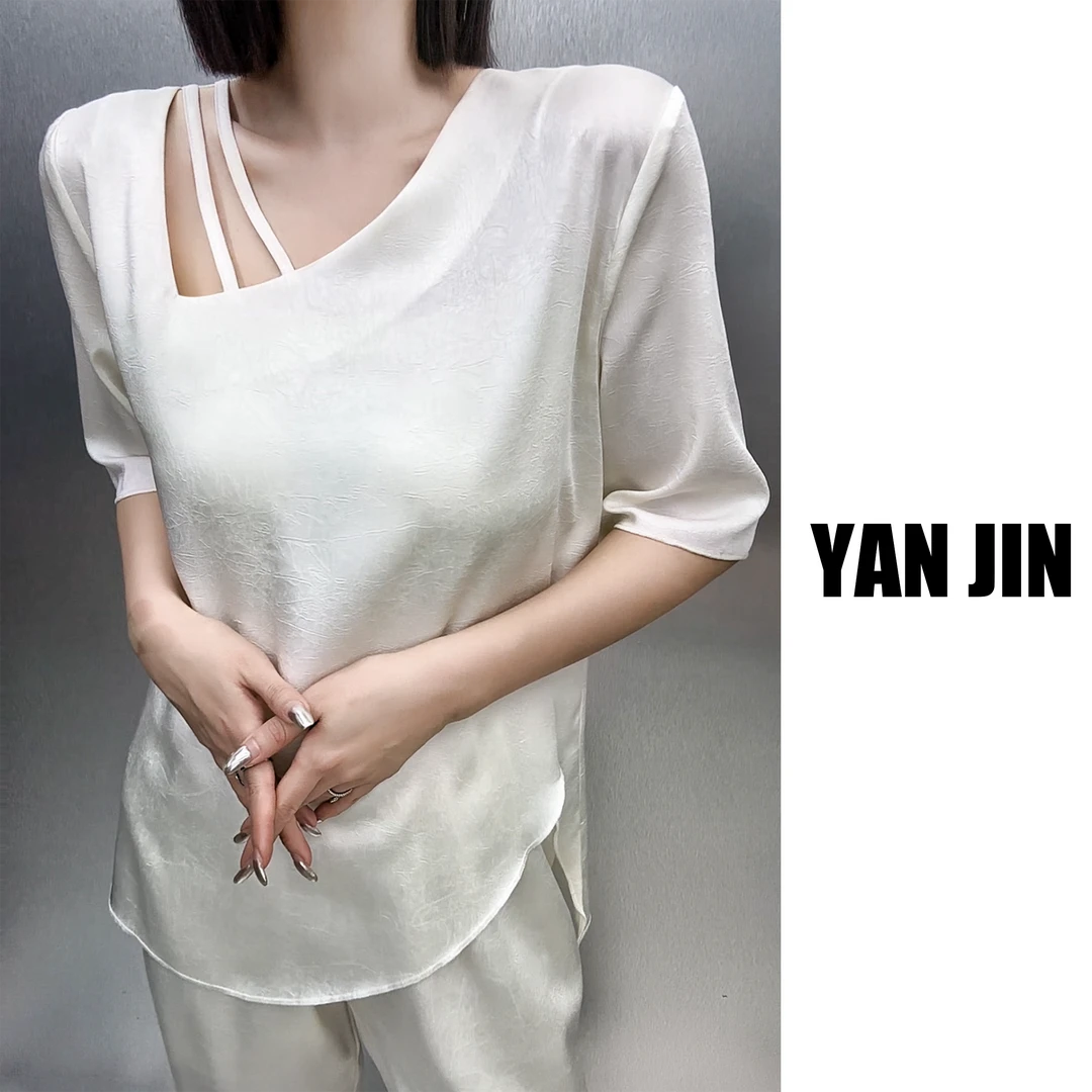 【醋酸斜领套装】--显瘦气质宽松缎料夏季套装 拍上衣送裤子 - 套装