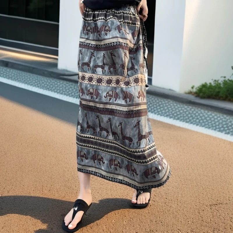 老钱民族风醋酸小象半身裙女夏季新款松紧腰显瘦百搭直筒长裙