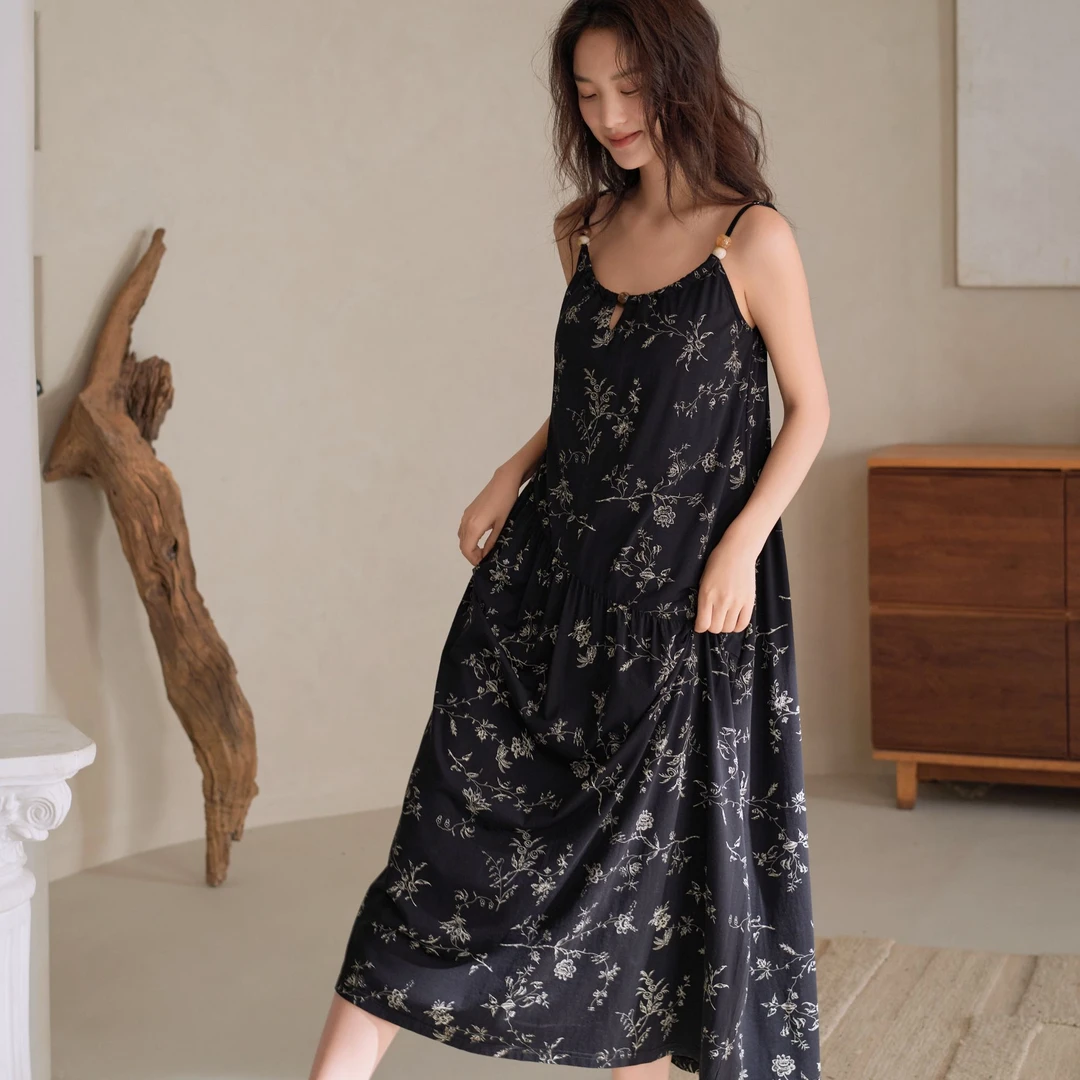 【自然密语】胸垫夏季连衣裙印花裙吊带中长裙碎花性感33004