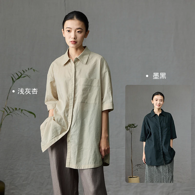 Q.TU衬衫开衫外搭轻奢高级感4548翻领精纺亚麻棉宽松短袖新款衬衣
