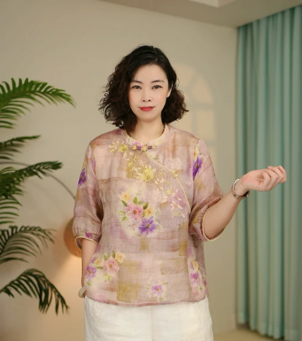 国风纯苎麻刺绣印花小衫女夏季新款中式斜襟显瘦透气减龄上衣9365