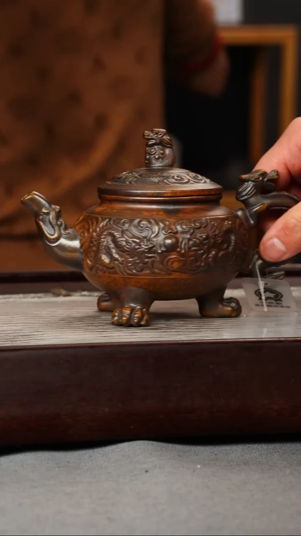【闪购商品】紫砂茶壶龙骨金砂 三足龙尊 刻绘