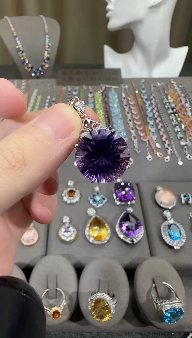 颈饰银S925镶嵌紫晶16mm吊坠简约款