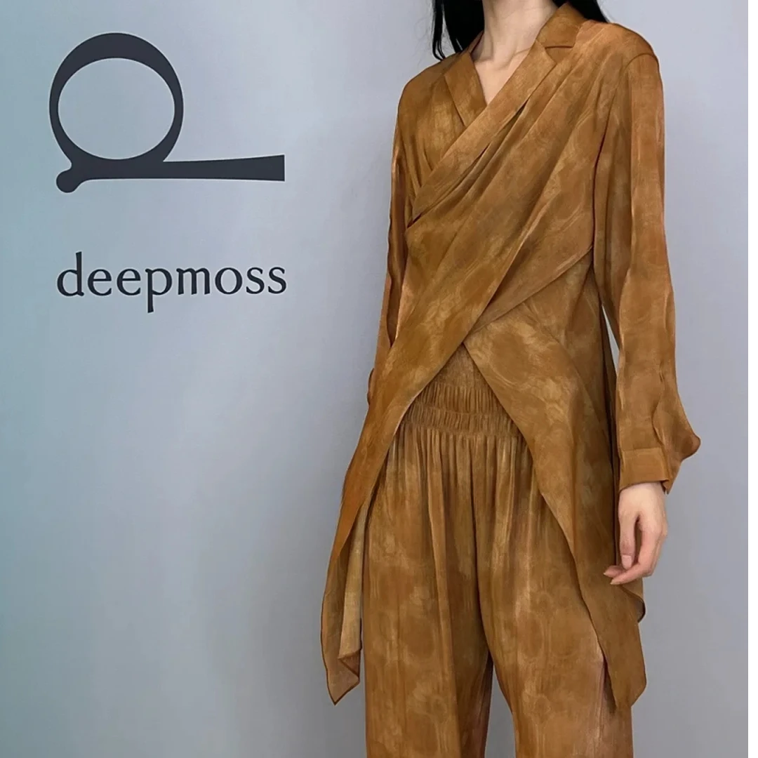 以类设计师品牌deepmoss陶棕印花缎感水泽交叠衬衫44734女装宽松