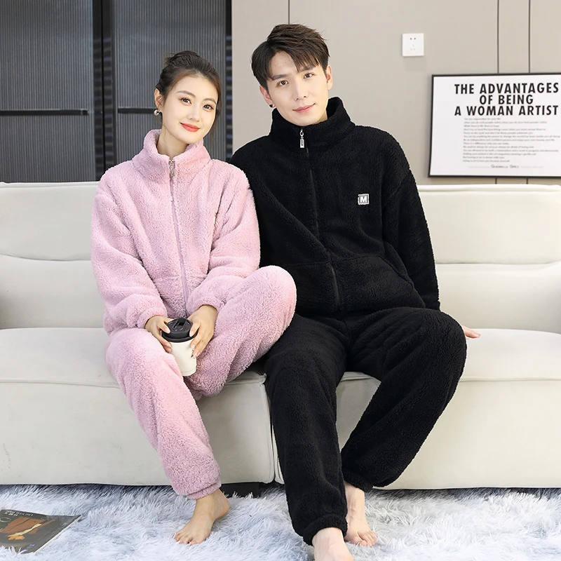 冬季加厚款睡衣男女情侣款加绒时尚保暖长袖休闲宽松家居服套装