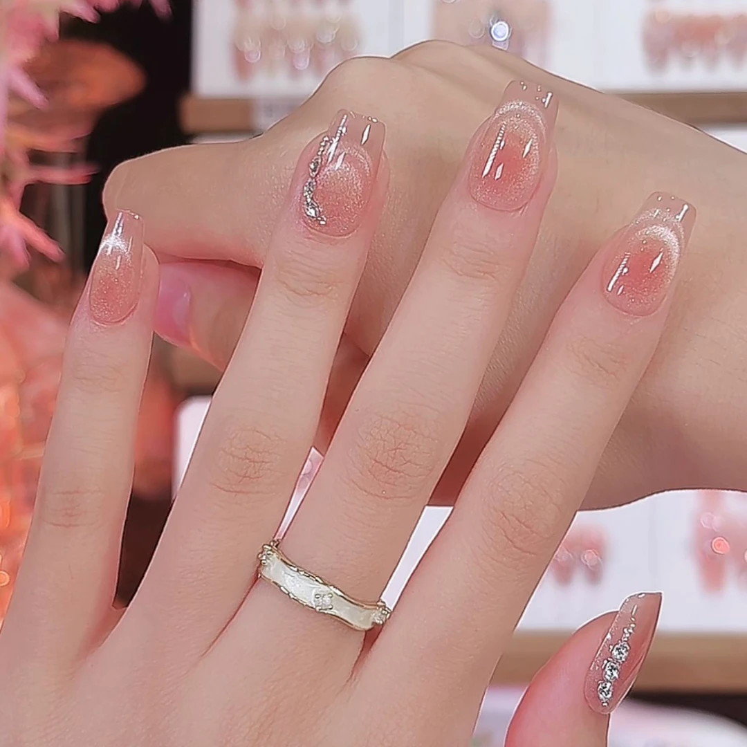 【法式猫眼】纯手工穿戴甲新款短款日常温柔气质美甲追光猫眼镶钻款