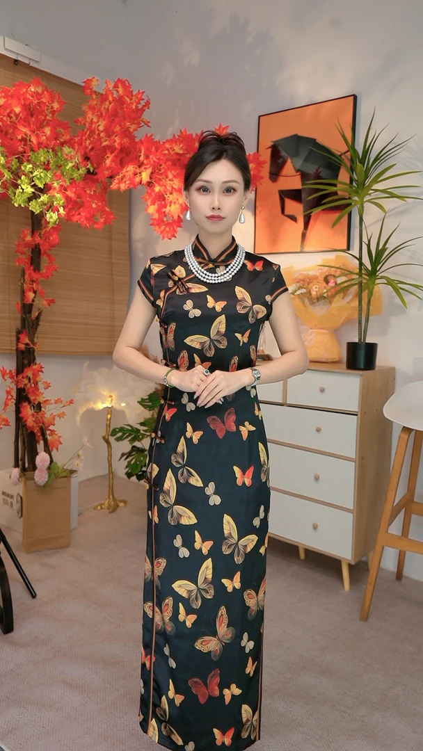 【福蝶纷飞】赢夫人旗袍月牙袖/新款春秋款/中长款气质中式中国风