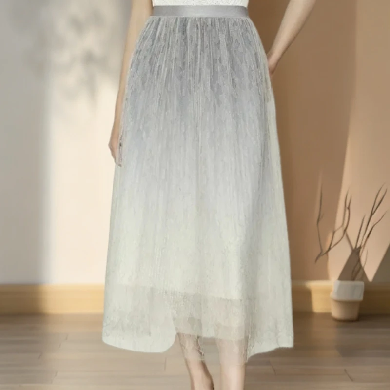 GXO 2025夏季新款渐变网纱压褶半身裙KQ0090