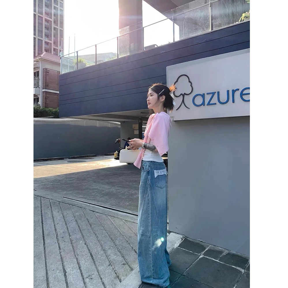 THEISSN宁司蕾丝拼接设计感直筒阔腿牛仔裤早秋韩系高腰长裤0521