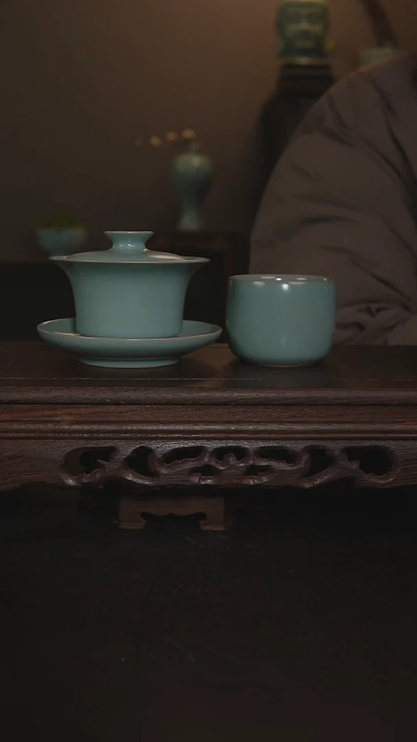 摆件瓷仿古手工三才盖碗+杯子