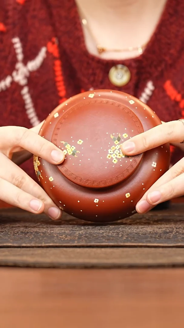 紫砂茶叶罐朱泥套盖泥绘桂花茶叶罐