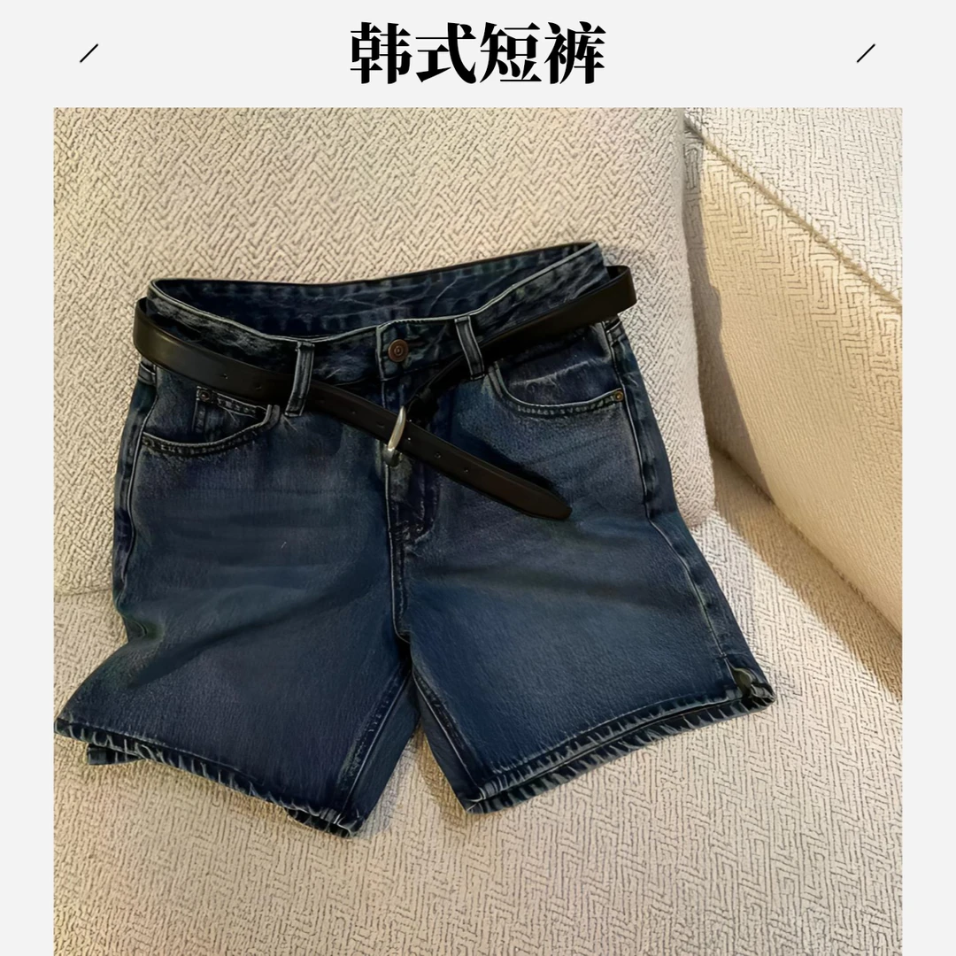 韩式复古蓝牛仔短裤女夏日显瘦五分阔腿裤高腰宽松百搭直筒牛仔裤