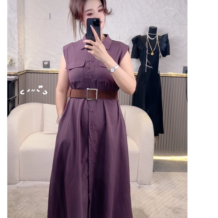 显瘦高级韩系气质简约翻领无袖宽松显高配宽腰带连衣裙