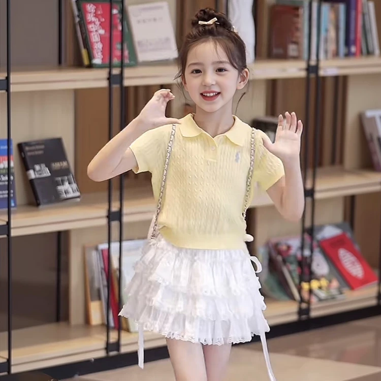 女童夏装套装2025新款儿童薄款短袖针织衫夏季女大童裙子两件套潮