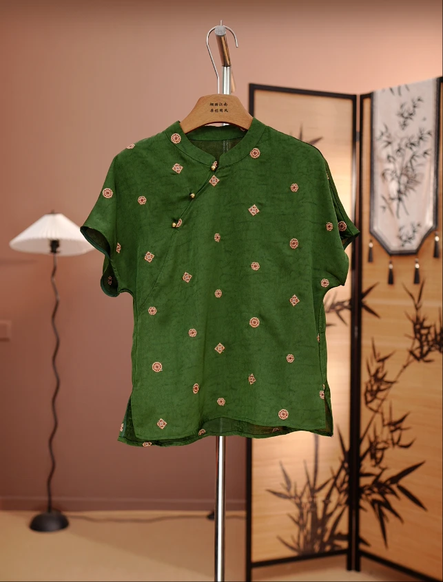【青黛】新中式国风绿色立领短袖衬衫女2025夏季新款刺绣