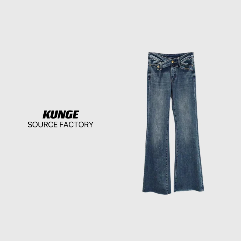 KUNGE 时尚百搭女士黑色开叉微喇修身重工牛仔裤-8450