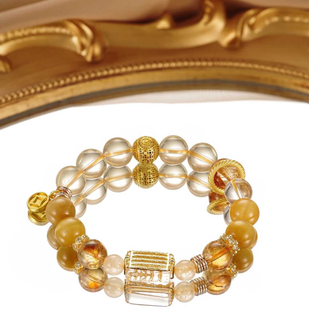 原创【日进斗金】财来发晶黄塔晶柠檬黄金虎眼手串合金多样性发一