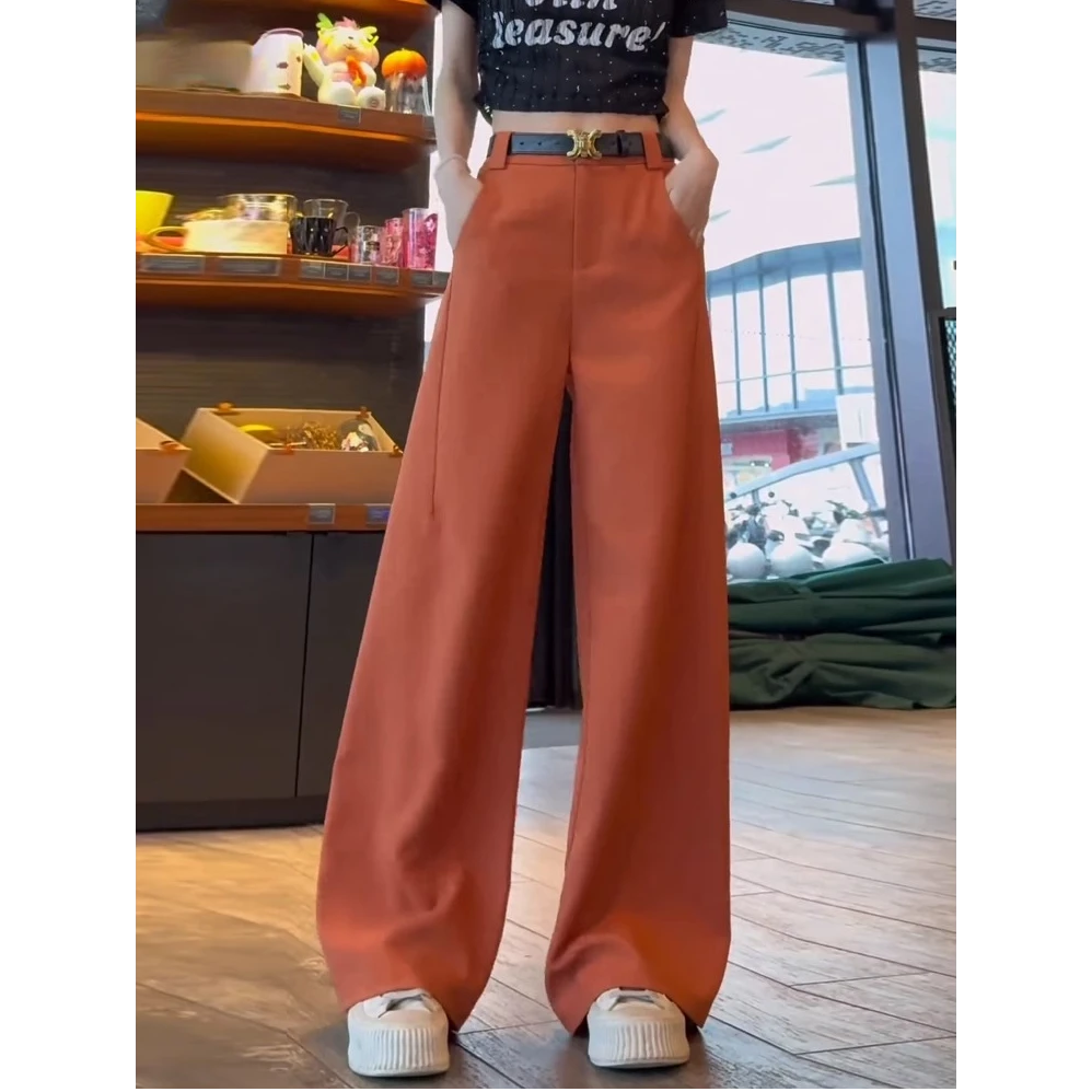 拉夏贝尔窄版显瘦阔腿裤女2025新款夏季高腰垂感洋气西装直筒裤