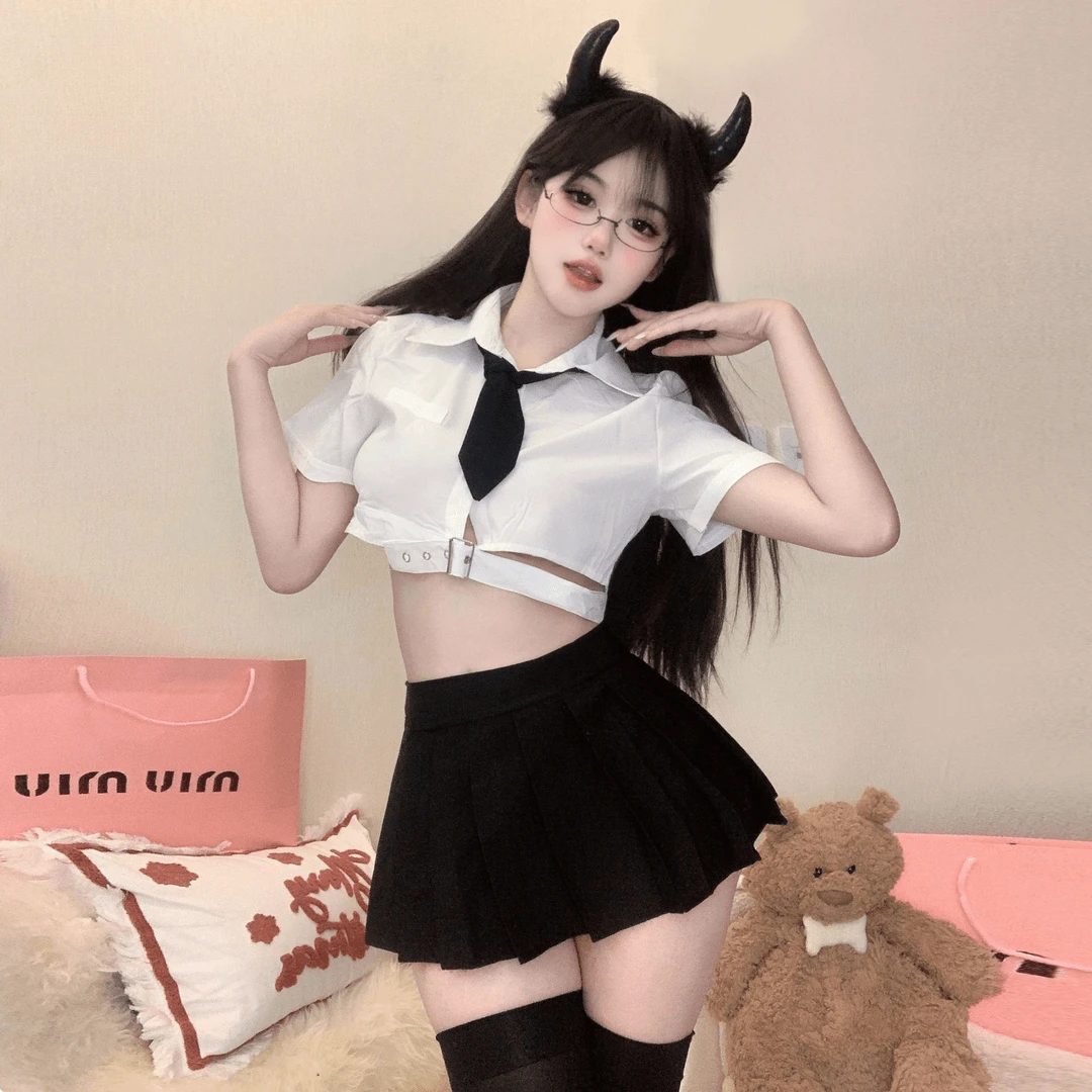 酷飒辣妹女团JK学院风成人露腰缕空趣味睡衣百褶套装诱惑制服