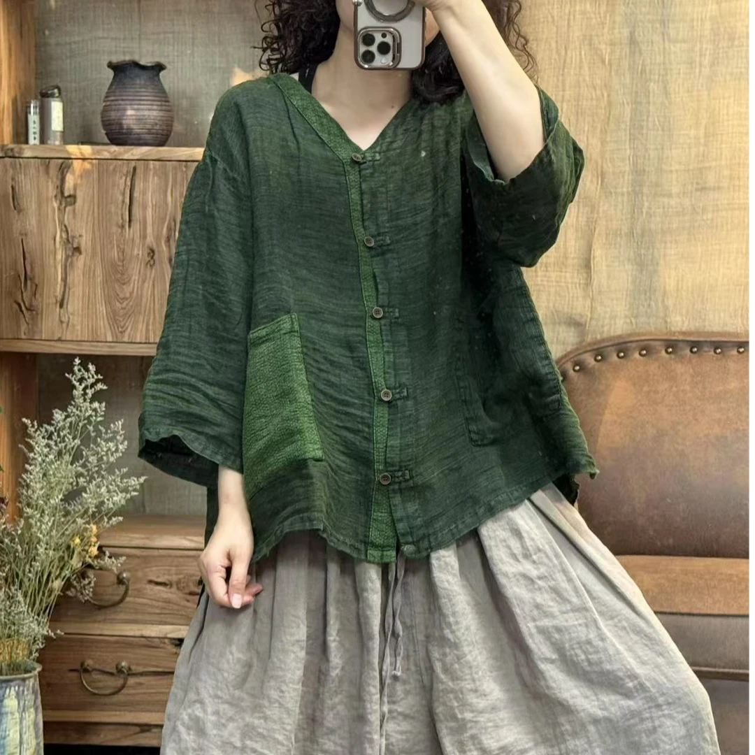 [四月阳光夏季亚麻炒色做旧复古贴口袋女装休闲外套(长64胸围136)