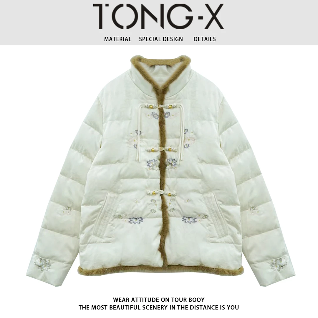TONG-X 【圣诞新年战袍】中式国风毛茸茸刺绣盘扣羽绒外套 L2702