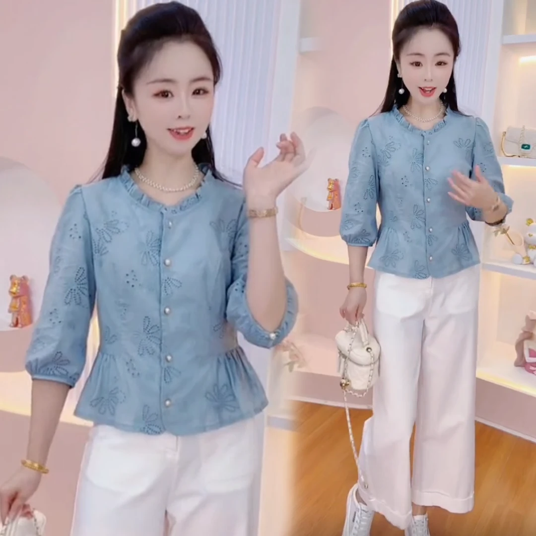 2025年秋季女款气质衬衫收腰时尚小衫新款爆款纯色高级感镂空瘦