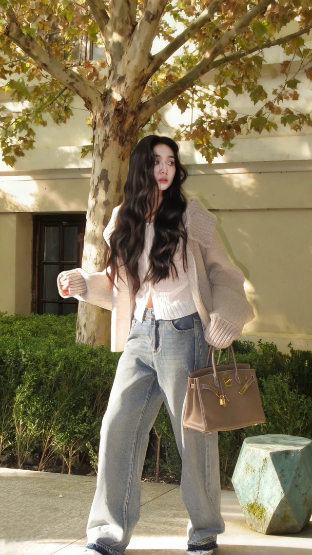 2025秋季新款慵懒风针织连帽拼接大衣女外套上衣女搭配牛仔裤套装