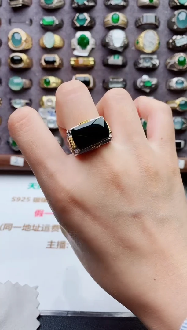 银S925镶嵌戒指翡翠老****佛天然翡翠男戒
