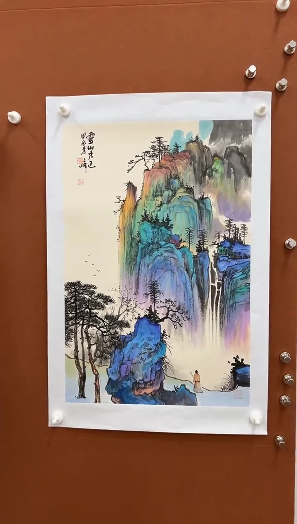 国画李文峰四尺三开重彩青绿