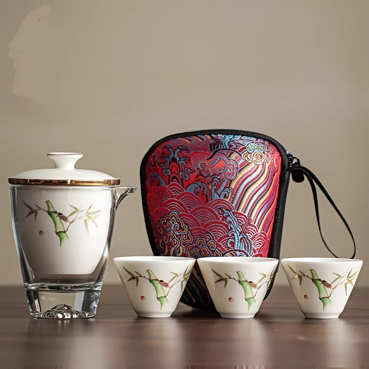 【新款】旅行套装竹节高升泡茶杯陶瓷茶具简约便携式野营简易复古