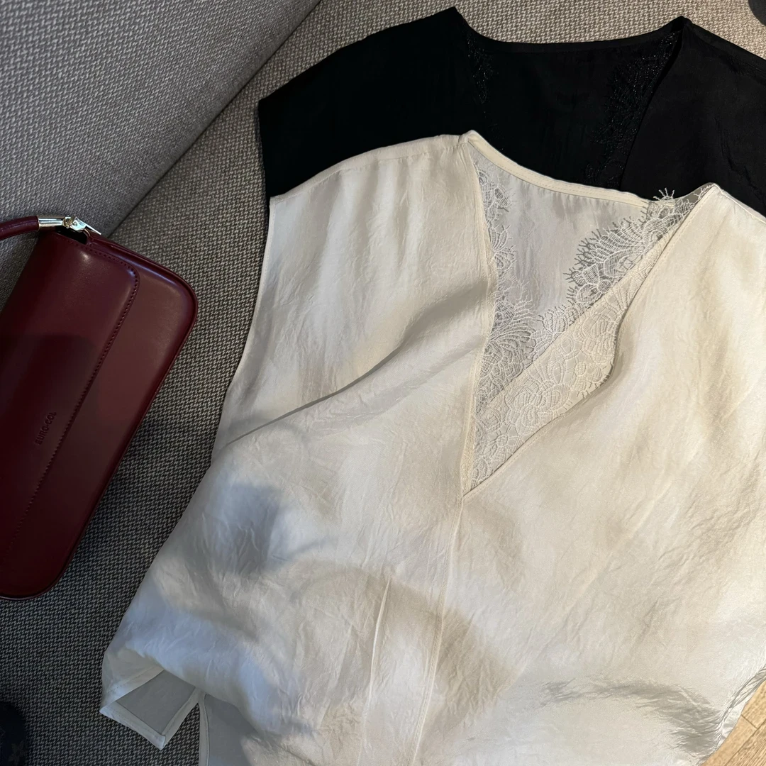 夏季高定醋酸V领蕾丝上衣潮流洋气时尚休闲百搭设计感
